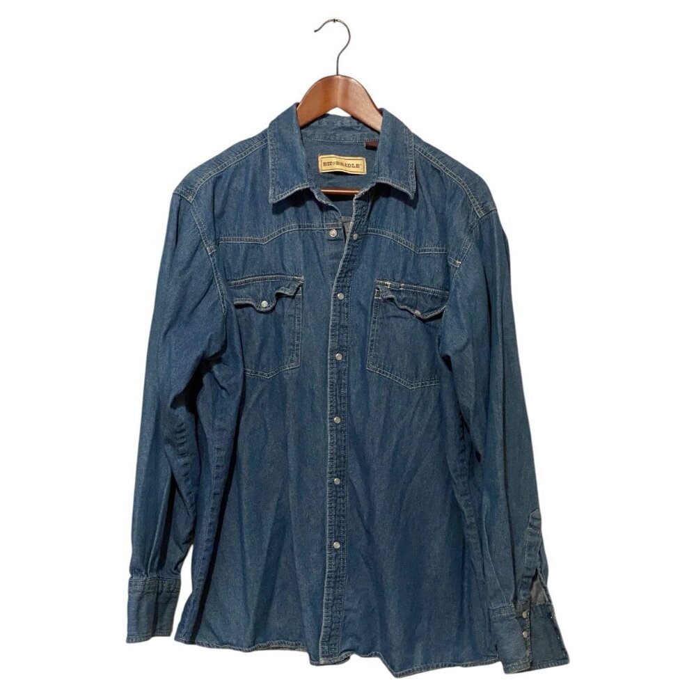 Bit & Bridle Blue Denim Long Sleeve Pearl Snap Down Men's XXL